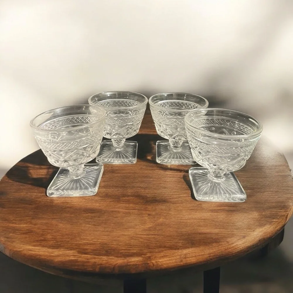 Imperial Glass Cape Cod Clear Footed Sherbet Bowls Set of 4 Square Base Dessert